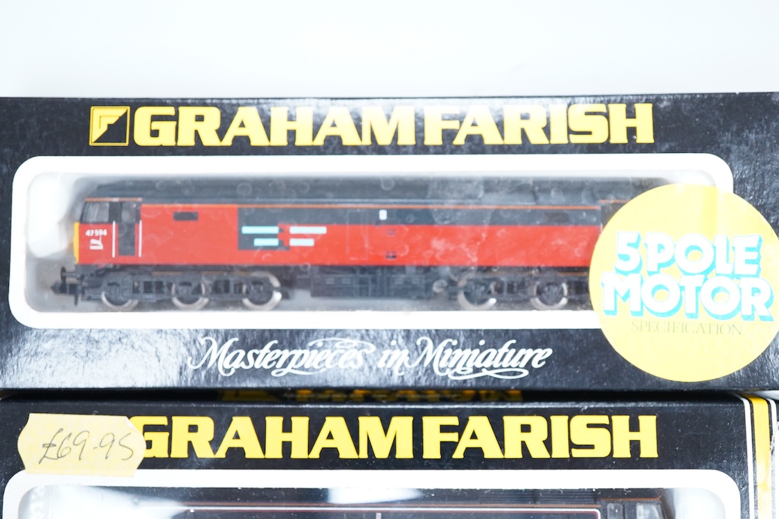 Four boxed Graham Farish N gauge railway Class 47 diesel locomotives; a Waterman Railways Heritage Class, Lady Godiva 47 710 (8022), a Network SouthEast, 47 598 (8024), a Rail Express, 47 594 (8025) and a Railfreight Dis